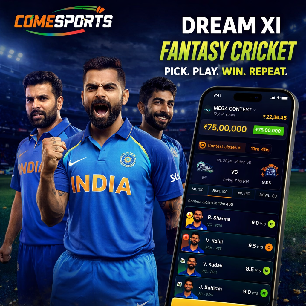 Come Cricket Zone fantasy cricket and India team visual